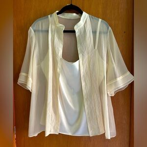 Tahari leopard cream color, sheer open blouse with silk top 22” ptp